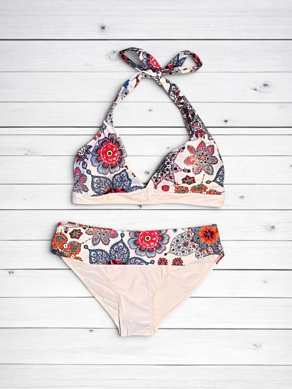 Boho Mandala Paisley Halter Bikini Set White High Waist Border Print Swimsuit